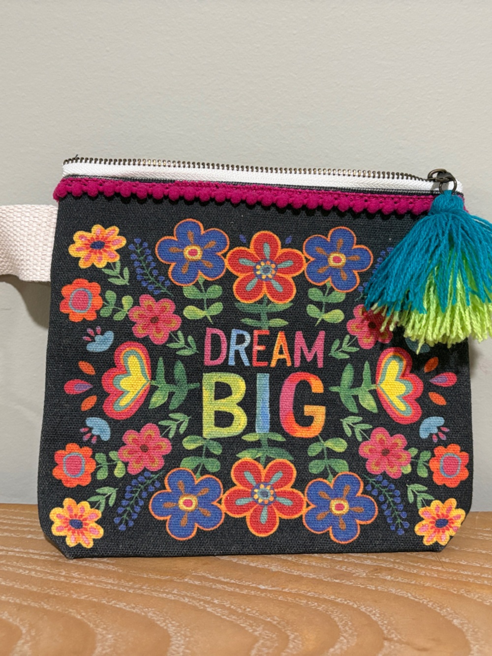 NATURAL LIFE Black Floral 'Dream Big' Wristlet with Multicolor Tassel